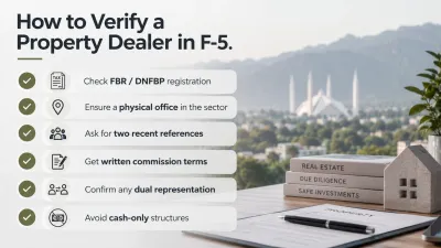 Checklist graphic listing six ways to verify a property dealer in F-5 Islamabad before signing