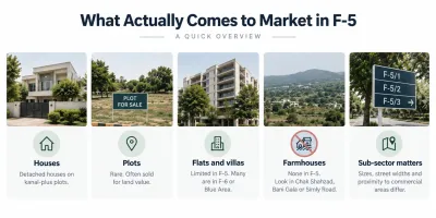 Infographic showing houses, rare plots, limited flats and villas, no farmhouses, and differences between F-5 sub-sectors.