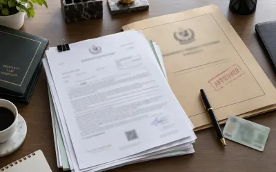 Property documents, file and identity card laid out on a desk before a property transaction in Islamabad