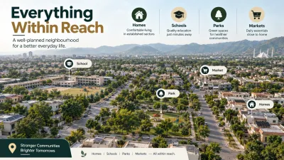 Aerial view of a planned Islamabad sector showing a school, park and residential streets close together.