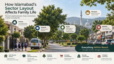 Infographic showing how Islamabad’s planned sector layout supports family life through nearby homes, schools, parks, mosques, and markets.
