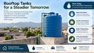 Rooftop water storage tank on an Islamabad house, a common household response to inconsistent supply.