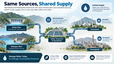 Simplified diagram showing shared dam water supply feeding both Islamabad and Rawalpindi.