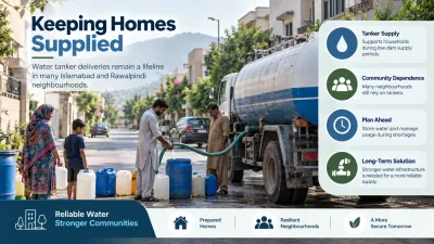 Water tanker supplying a residential street during a water shortage in Islamabad-Rawalpindi.