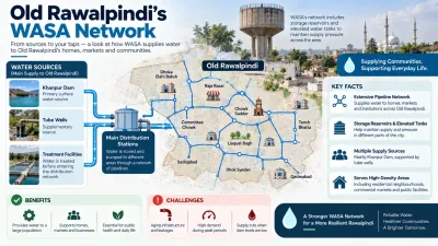 Infographic illustrating Old Rawalpindi’s WASA water-supply network, including water sources, pipelines, distribution stations, storage tanks, benefits, and supply challenges.