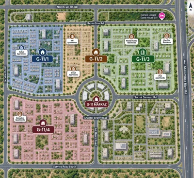 Map of G-11 Islamabad divided into its four sub-sectors around the central Markaz