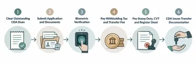 Six-step flow of the CDA property transfer process for a G-11 Islamabad property