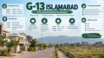 Residential street in G-13 Islamabad showing a mix of developed and vacant plots