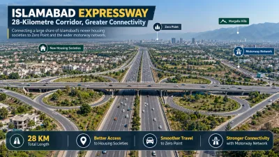 Aerial view of Islamabad Expressway showing interchange infrastructure and surrounding development