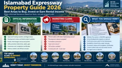 Islamabad Expressway Property Guide 2026 infographic comparing official information, marketing claims and key factors buyers should verify before buying, investing or earning rental income.
