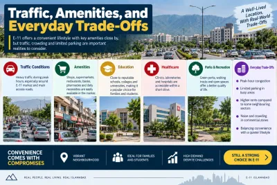 E-11 Islamabad infographic showing traffic conditions, nearby amenities, education, healthcare, parks and the everyday trade-offs of living in the sector.