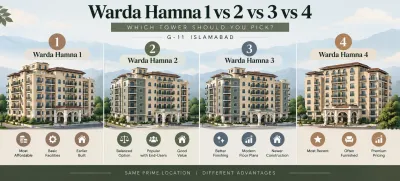 Side-by-side comparison view of four separate apartment building facades