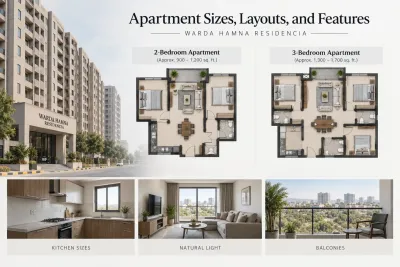 Warda Hamna Residencia apartment infographic showing 2-bedroom and 3-bedroom layouts, kitchen, natural light, and balcony features.