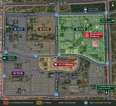 Highlighted map of G-11 Islamabad showing Warda Hamna Residencia in G-11/3, G-11 Markaz, and key access routes toward G-10, F-11 and Kashmir Highway.