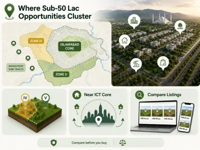 Infographic showing where sub-PKR 50 lac plot opportunities tend to cluster around Islamabad, including Zone IV, Zone V, and adjoining Rawalpindi-side areas.