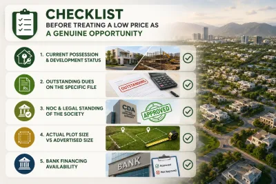 Checklist infographic showing five key checks before buying a low-priced ICT plot: possession status, outstanding dues, NOC approval, actual plot size, and bank financing availability.