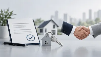 Illustration representing the property buying process — document verification and handshake