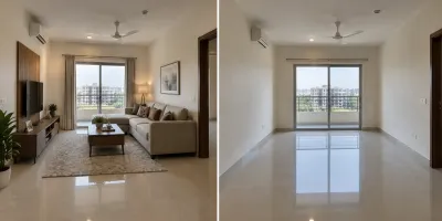 Interior comparison of a furnished living room versus an empty unfurnished apartment room