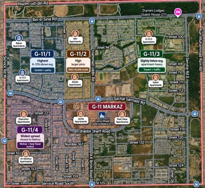 Map of G-11 Islamabad showing sub-sectors G-11/1, G-11/2, G-11/3, G-11/4 and the Markaz