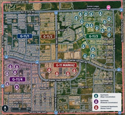 Map of G-11 Islamabad sub-sectors G-11/1 to G-11/4 with the Markaz in the centre