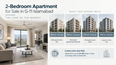 Clean real estate infographic showing 2-bedroom apartments in G-11 Islamabad, with four price ranges from PKR 1.2 to 2.8 crore, apartment building visuals, and a note about floor level and lift reliability.