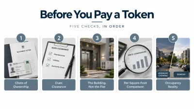 Professional real estate infographic showing five checks before paying a property token: ownership documents, dues clearance, building condition, price comparison, and occupancy.