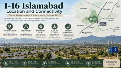: I-16 Islamabad location and connectivity map showing access to the Ring Road, M-2 Motorway, GT Road, and nearby areas.