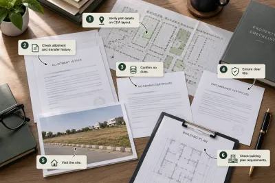Property documents, allotment letter and no-demand certificate laid out for verifying a CDA plot before purchase in Islamabad
