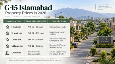 G-15 Islamabad property prices in 2026 showing asking-price ranges for 7 Marla, 12 Marla, 1 Kanal, 1.2 Kanal plots and apartments