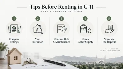 Minimalist infographic showing five key rental tips for G-11: compare listings, visit in person, confirm bills and maintenance, check water supply, and negotiate the deposit.