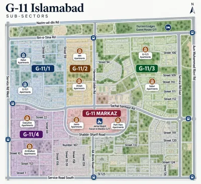 G-11 Islamabad sub-sector map showing rent zones