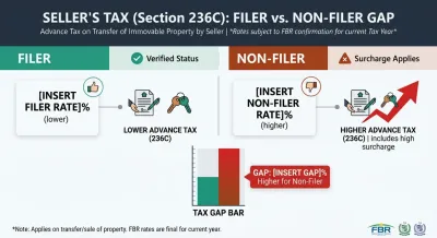 A three-column comparison chart showing FBR Section 236C advance tax rates for property sellers in Pakistan across three income tax statuses: Active Filer, Late Filer, and Non-Filer. The rates are broken down by property value tiers ranging from up to PKR 50 million to over PKR 100 million, highlighting higher tax percentages for late and non-filers alongside key rules for tax adjustability and overseas Pakistanis.