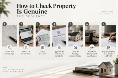 Infographic showing seven steps for verifying a property in G-11 Islamabad, including plot identification, CDA record check, seller verification, No Demand Certificate, building inspection, legal checks, and proper transfer.