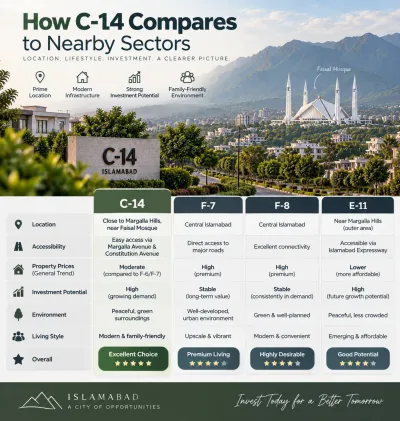How C-14 Islamabad compares with nearby sectors F-7, F-8, and E-11, highlighting location, accessibility, property prices, investment potential, environment, and lifestyle.