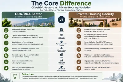 Comparison of CDA/RDA sectors and private housing societies, covering tenure, approval authority, possession timeline, infrastructure, prices, investment potential, and lifestyle.