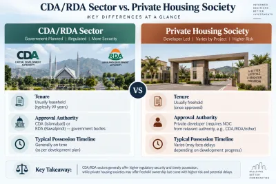 Side-by-side infographic comparing CDA/RDA sectors with private housing societies, covering tenure type, approval authority, and typical possession timelines.