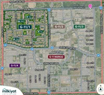 Location map of G-11/1 Islamabad showing G-11 Markaz, Shabbir Sharif Road and Kashmir Highway