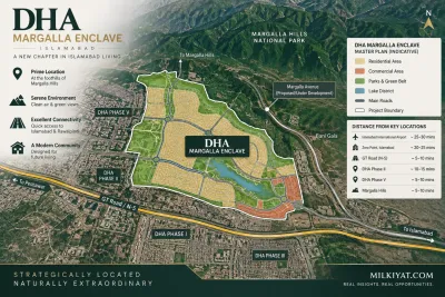 DHA Margalla Enclave Islamabad location map showing roads, residential areas, commercial zones, parks, and connectivity.