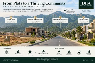 From vacant plots and active construction to completed homes, the infographic illustrates the gradual development of a residential neighbourhood in DHA Margalla Enclave.