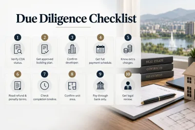 Professional real estate due diligence checklist highlighting CDA verification, building approval, developer checks, payment terms, unit details, secure payments, and legal review.