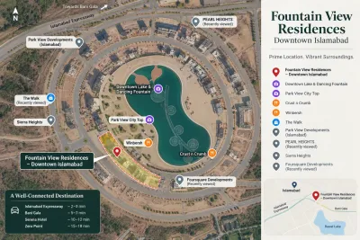 Map showing Fountain View Residences beside the Downtown Lake in Park View City, Islamabad, with nearby roads, landmarks and access routes.