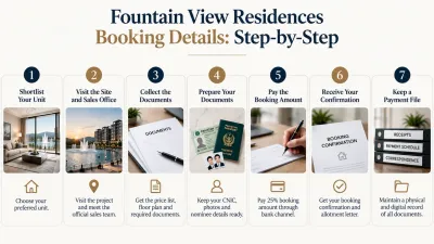 Infographic showing the 7-step Fountain View Residences booking process, from selecting a unit and preparing documents to payment, confirmation, and record keeping.