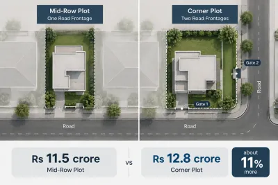 Diagram comparing a G-11/2 corner plot with two road frontages and extra land against a mid-row plot
