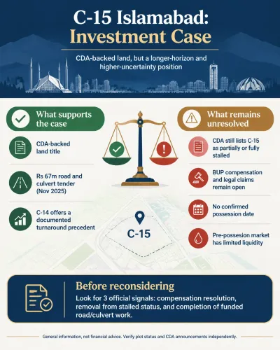 C-15 Islamabad investment outlook, highlighting verified positives alongside legal, administrative, timeline, and liquidity risks.