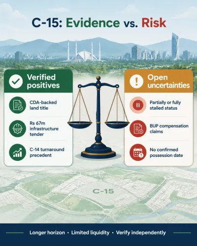 C-15 Islamabad offers greater land-ownership certainty than an unapproved private scheme, but development timelines and legal matters remain unresolved.