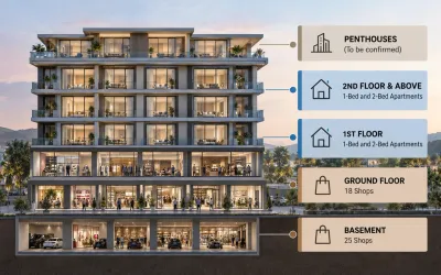 Floor-by-floor layout of Ayesha Tower showing shops and apartments