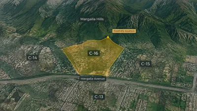 Aerial infographic map showing Sector C-16 highlighted near the Margalla Hills and Margalla Avenue, with neighbouring sectors C-14, C-15 and C-13 labelled.