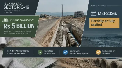 Status infographic showing Sector C-16’s Rs 5 billion infrastructure funding commitment, partially built roads and utility infrastructure, and its mid-2026 classification as partially or fully stalled.