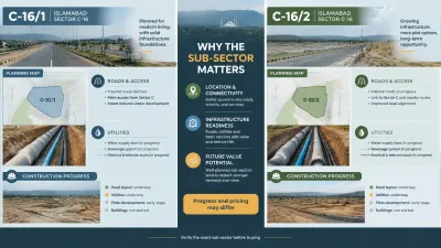 Infographic comparing C-16/1 and C-16/2 with planning maps, roads, utility infrastructure, and a note that sub-sector progress and pricing may differ.