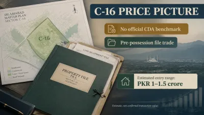 Infographic showing Islamabad Sector C-16’s lack of an official CDA price benchmark, its pre-possession file-trading status, and an estimated entry range of PKR 1 to 1.5 crore.